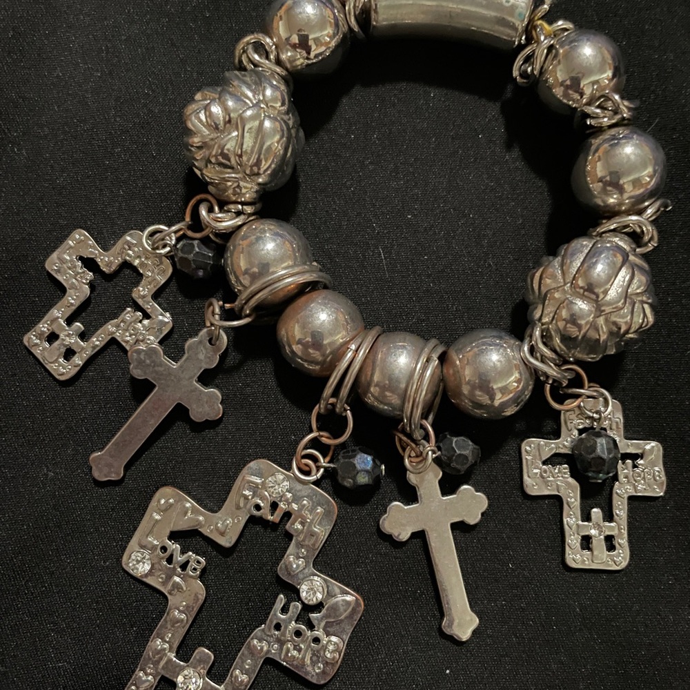 Silver Charm Bracelet with Cross Pendants